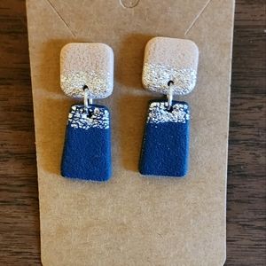 Blue, Beige, and Silver Clay Post Dangle Earrings